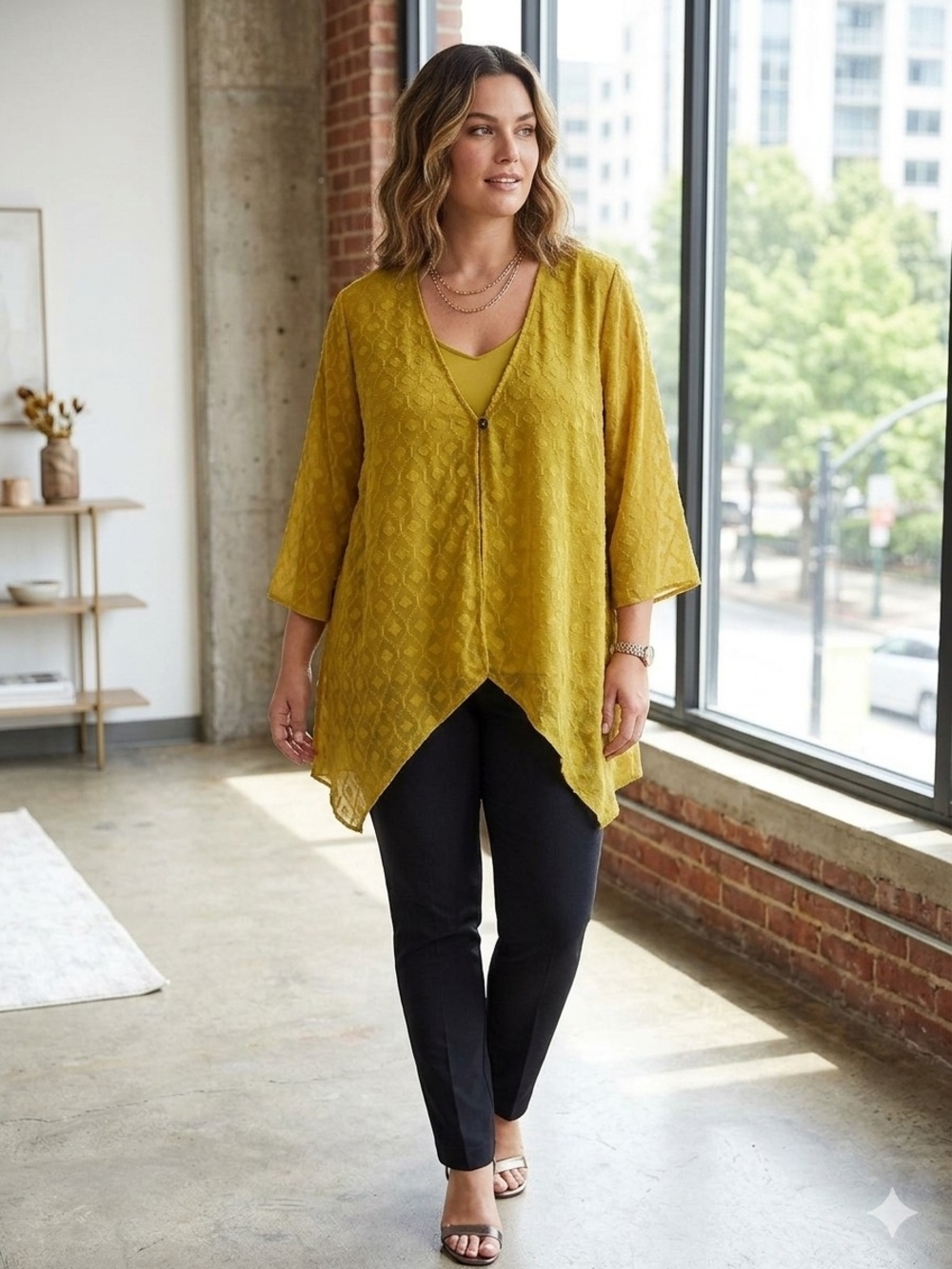 Slim Factor Layered V-Neck Chartruese Tunic Top with Sheer Jacket. XL
